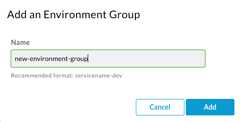 Add Environment Group dialog showing blank Name field