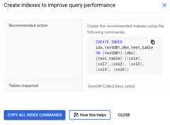 Insight and recommendation window with a create index command to copy.
