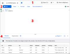 Annotated query editor page with key components numbered.