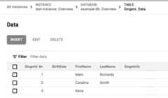The updated Singers table data with three rows.