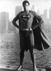 24-year-old American film actor Christopher Reeve stands before the Manhattan skyline dressed as the comic-book hero of the film 'Superman'.    (Photo by Keystone/Getty Images)