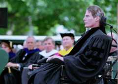 Actor and film director Christopher Reeve, delivers his commencement address at Williams College graduation after receiving an honorary Doctor of Humane Letters degree in Williamstown, Mass., on Sunday, June 6, 1999. (AP Photo/Matthew Cavanaugh)