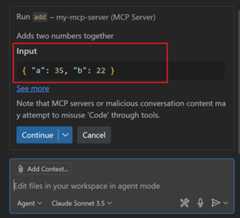 Screenshot that shows the tool confirmation dialog with input parameters for an MCP tool.