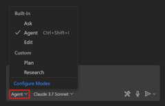 Screenshot showing the Chat view, highlighting the chat mode dropdown list.