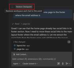 Screenshot of the Chat view, showing the Restore Checkpoint action in the Chat view.