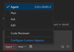 Screenshot showing the Chat view with the agent picker expanded, displaying different agent options.