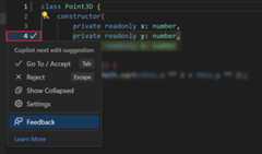Screenshot that shows next edit suggestions menu in the editor gutter.