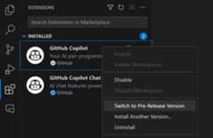 Extensions view context menu with Switch to Pre-Release Version option