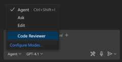 Screenshot showing the Code Reviewer custom mode in the chat mode dropdown.