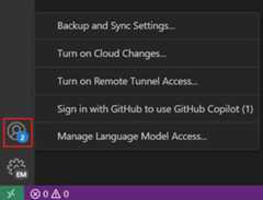 Accounts menu in VS Code, showing the option to sign in with GitHub to use GitHub Copilot.
