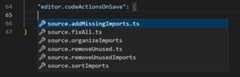 Screenshot of settings.json, showing IntelliSense suggestions for the editor.codeActionsOnSave setting.