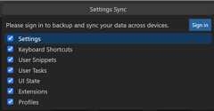 Screenshot of the Settings Sync configure Quick Pick to select the settings to synchronize.