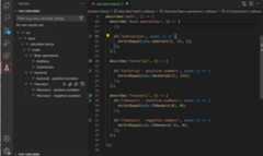 Screenshot that shows VS Code with the Test Explorer showing the tests, matching the test code that is shown in the editor.