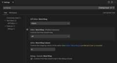 Screenshot that shows the Settings editor, with the settings filtered by 'wordwrap'.