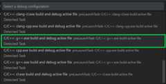 C++ debug configuration dropdown
