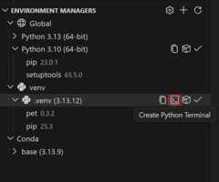 Screenshot showing the Environment Managers tree view with a venv environment selected and the Create Python Terminal tooltip visible on the terminal icon button.