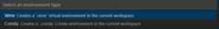Create Environment dropdown