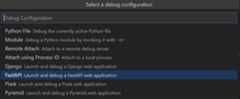 Dropdown with debugger configuration options, with FastAPI being highlighted
