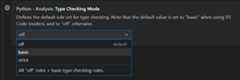 Python Analysis Type Checking Mode options (off, basic and strict) in Settings editor