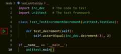 Run test icon displayed on the gutter when the test file is open in the editor
