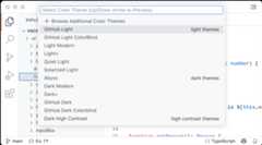 Selecting the GitHub Dark theme with a quick pick