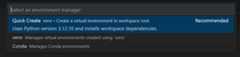 Screenshot showing Quick Create in the Python: Create Environment quick pick.