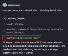 Screenshot showing a summarized conversation message in the Chat view.
