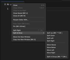 Screenshot that shows the 'Split and Move' editor tab context menu.