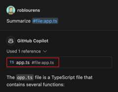 Screenshot of a chat response, showing the '#file' variable in the Used references section