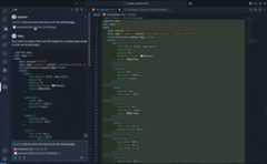 Screenshot of a chat exchange. A user asks for HTML and CSS for a landing page. The response provides a basic HTML structure with a header, navigation links (Home, About, Contact), and a link to an external CSS file.