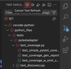 Screenshot that shows the Test Explorer, highlighting the Cancel button to cancel the test discovery.