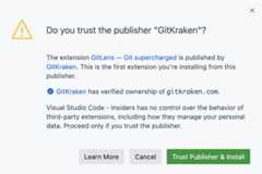 Screenshot that shows the Trust Publisher dialog that is shown when a user installs an extension.