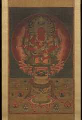 The Wisdom King Aizen (Aizen Myōō), Hanging scroll; ink, color, gold, and cut gold leaf (kirikane) on silk, Japan