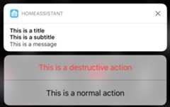 A push notification showing all of the basic options title and message as well as subtitle and actions.
