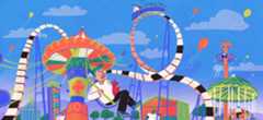 An illustration of an amusement park. A man with glasses and green hair sits on a swing on a ride with a red cat in his lap. A rollercoaster that looks like black and white piano keys loops behind them.