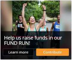 Screenshot of 300x250 web banner ad size. The campaign cover image (in this stock photo, a woman runner crossing the finish line with her arms raised and a large smile on her face). The campaign title appears in an overlay on the bottom, with two buttons under it: a black 'Learn more' and an orange 'Contribute' button. 
