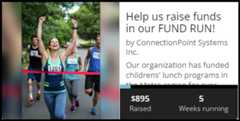 Screenshot of Wide badge. The cover photo (same as above) is the left half, and the right half has the campaign title, organization, description as dictated by social media summary on the top two-thirds. And the bottom third is a black overlay with amount raised and days running. 