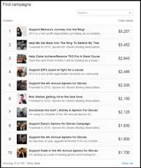 Screenshot of a leaderboard widget. It reads 'Find campaigns' on the top. A search bar is below that and to the right. Under is a list of campaigns under two columns: 'Position' and 'Total raised'. In this demo, there are 10 rows of campaigns listed by highest amount raised. The rows contain a thumbnail image, campaign title, beginning of social media summary, and their amount raised. below the rows it says:Left: Showing 10 of 104.   Show more (clickable)Right: Show me (clickable)