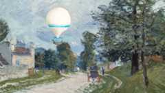 Impressionist painting of a country road with people and a carriage, with a white hot air balloon in the sky.