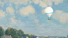 Impressionist painting of rooftops and a blue sky dotted with clouds with a white hot air balloon in the sky.