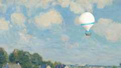 Impressionist painting of rooftops and a blue sky dotted with clouds with a white hot air balloon in the sky.