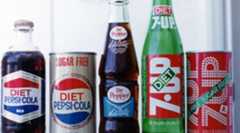 Vintage bottles of early diet sodas.