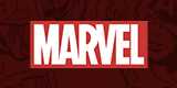 A red background with faded comic book art with the Marvel logo in the middle.