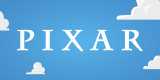 A blue background with cartoony clouds on it with the word Pixar in the middle.