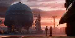 A scene from Lightyear with two unknown characters facing a rocket in the distance that dwarfs their size.