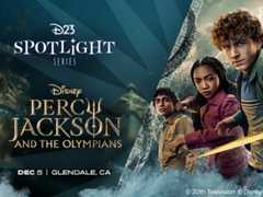 Promotional image for the D23 Spotlight Series featuring Disneys Percy Jackson and the Olympians, showing three characters (from left to right: Grover, Annabeth, and Percy) in action poses with Percy holding a gold sword. The trio is set against a dramatic stormy background with swirling clouds and water. Text at the bottom notes the event will take place December 5 in Glendale, CA.