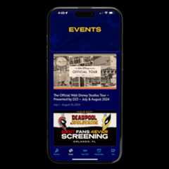 The image displays a smartphone screen showing the "Events" section of a mobile app. At the top of the screen, the word "EVENTS" is prominently featured. Below it are two event listings: The first event is "The Official Walt Disney Studios Tour – Presented by D23," scheduled for July and August 2024. The listing includes images from the Walt Disney Studios. The second event is a "Deadpool & Wolverine: Best Fans 4ever Screening" in Orlando, FL, which is marked as sold out. The app interface includes navigation options at the bottom for Discover, Events, More D23, Membership, and Info. The background maintains a Disney-themed design.
