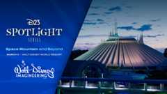 A promotional image for the D23 Spotlight Series event titled “Space Mountain and Beyond,” scheduled for March 9 at the Walt Disney World Resort, presented by Walt Disney Imagineering. The background on the left features deep blue tones, evoking a sense of awe and night sky. On the right is a photograph of Space Mountain at dusk, with clouds in the background.