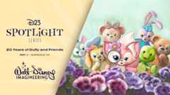 A promotional image for the D23 Spotlight Series event, celebrating '20 Years of Duffy and Friends,' taking place on May 3 in Glendale, CA, presented by Walt Disney Imagineering. The left side of the image features a teal-colored panel with elegant, bold typography displaying 'D23 Spotlight Series' with a starburst accent above the letter 'I' in 'Spotlight.' Below, the event title and location are written in vibrant pink and purple text, with the Walt Disney Imagineering logo placed at the bottom. The right side showcases a beautifully illustrated springtime scene featuring Duffy and his friends in a lush, pastel-colored garden. The characters are arranged in a semi-circle behind a bed of blooming pink and purple pansies. From left to right: Gelatoni, the artistic green cat with a beret; CookieAnn, the cheerful golden dog with a pink bow; ShellieMay, the kind-hearted bear with a beige bow; LinaBell, the curious pink fox holding a magnifying glass; StellaLou, the lavender bunny with a tutu and a flower-adorned ear; ‘Olu Mel, the laid-back green turtle with a flower behind his ear; and Duffy, the beloved teddy bear himself, smiling warmly. The soft watercolor-like art style enhances the whimsical and friendly atmosphere.