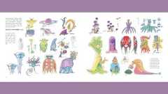 Layout from The Art of Elio book featuring multicolored character sketches of the different types of aliens in Pixar’s Elio, set against a white background.